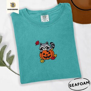 Seafoam Raccoon and Pumpkin Embroidered T-Shirt