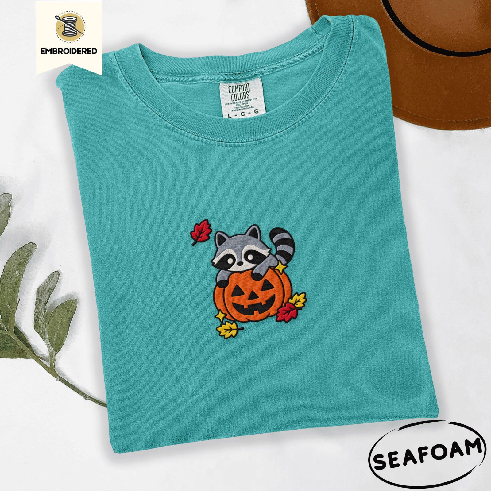 Seafoam Raccoon and Pumpkin Embroidered T-Shirt