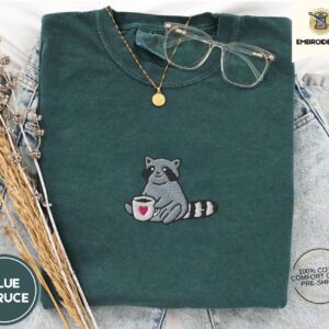 Blue Spruce Raccoon Coffee Cup Embroidered T-Shirt