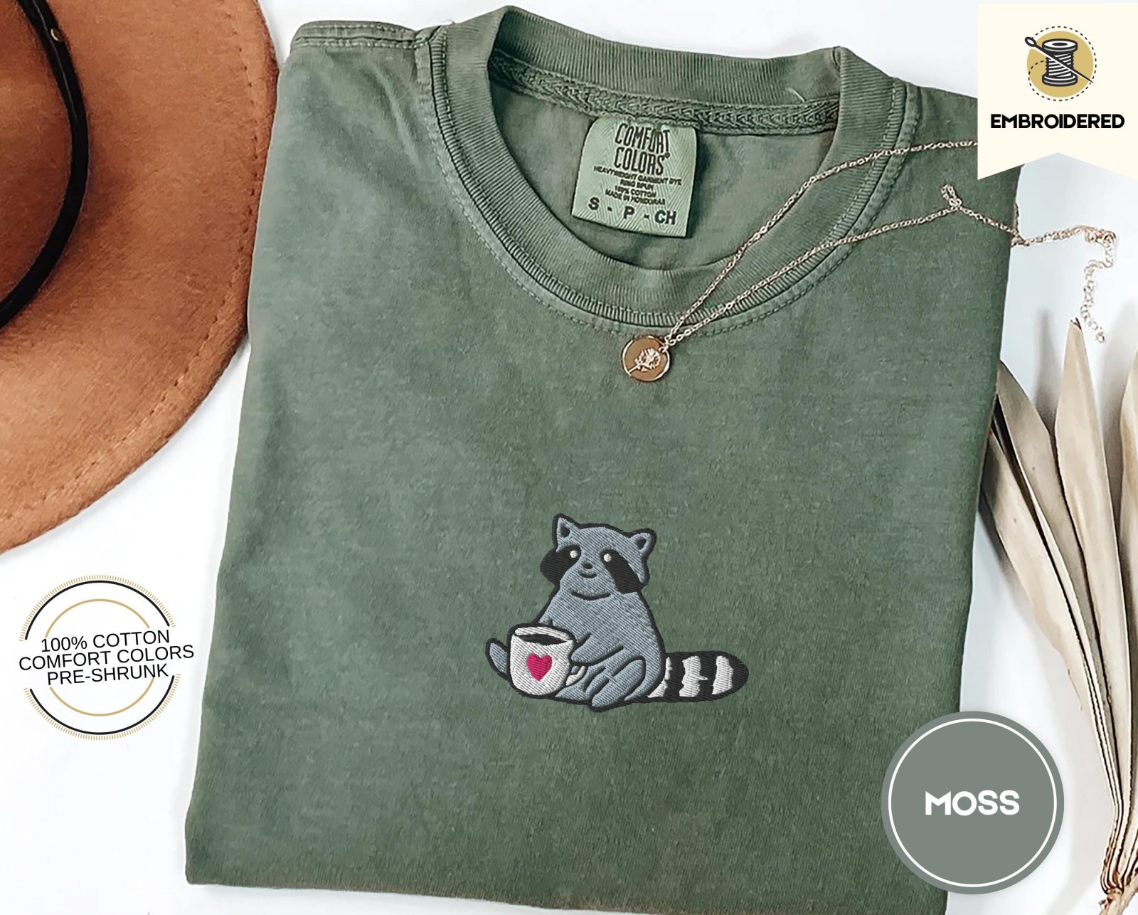 Moss Raccoon Coffee Cup Embroidered T-Shirt
