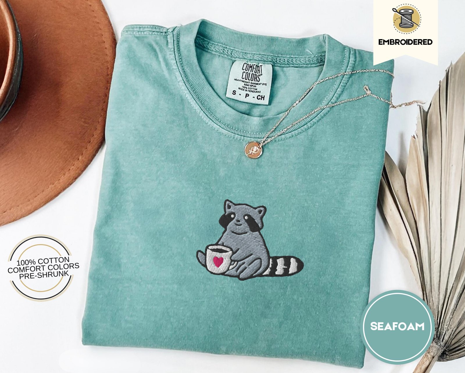Seafoam Raccoon Coffee Cup Embroidered T-Shirt