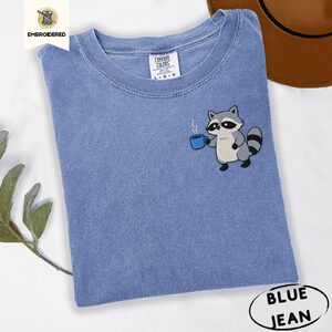 Blue Jean Raccoon Holding Blue Coffee Mug Embroidered T-Shirt