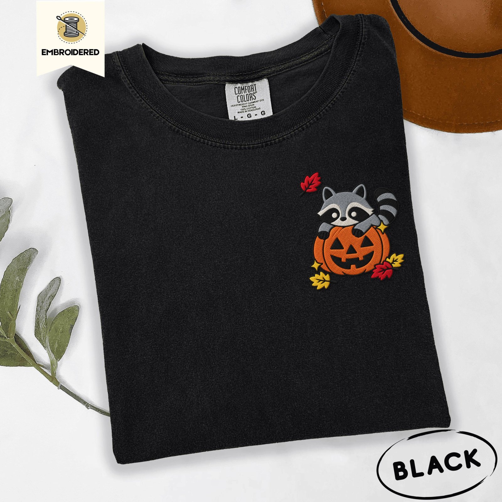 Black Raccoon Jack-O-Lantern Embroidered T-Shirt