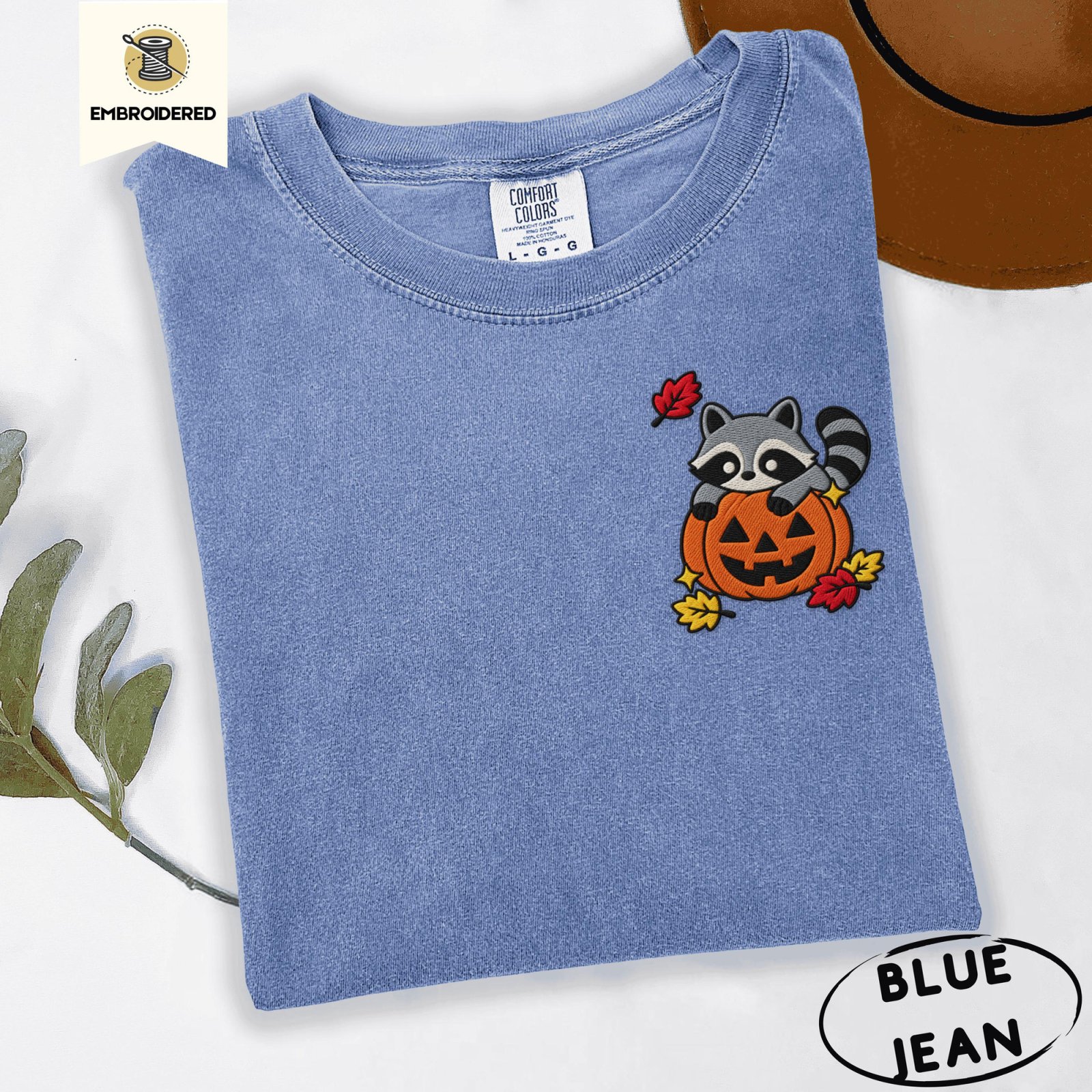 Blue Jean Raccoon Jack-O-Lantern Embroidered T-Shirt