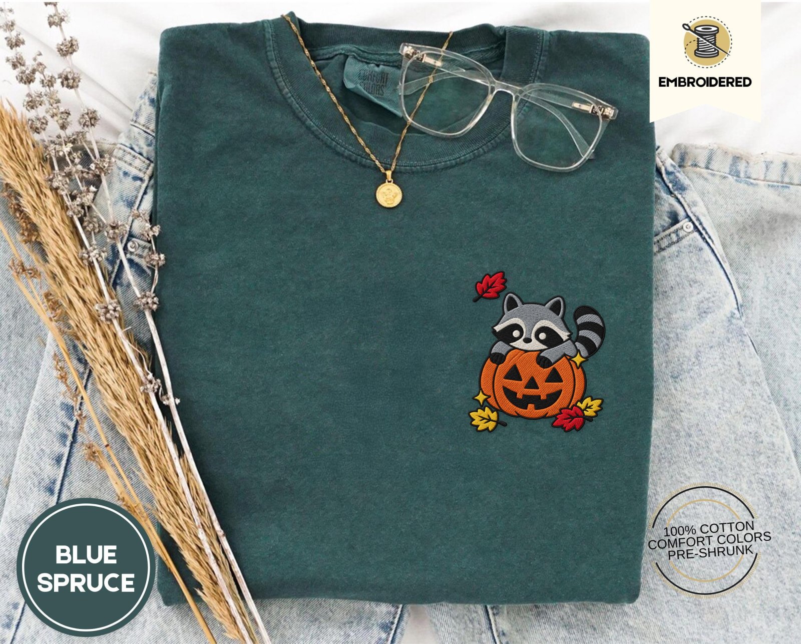 Blue Spruce Raccoon Jack-O-Lantern Embroidered T-Shirt
