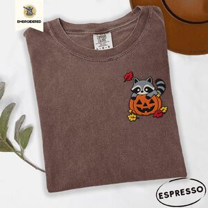 Espresso Raccoon Jack-O-Lantern Embroidered T-Shirt