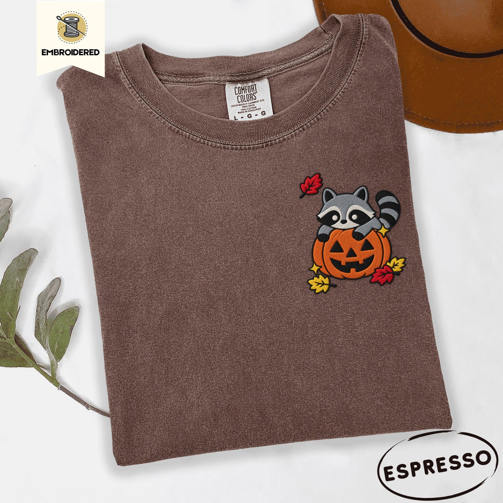 Espresso Raccoon Jack-O-Lantern Embroidered T-Shirt