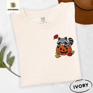 Ivory Raccoon Jack-O-Lantern Embroidered T-Shirt