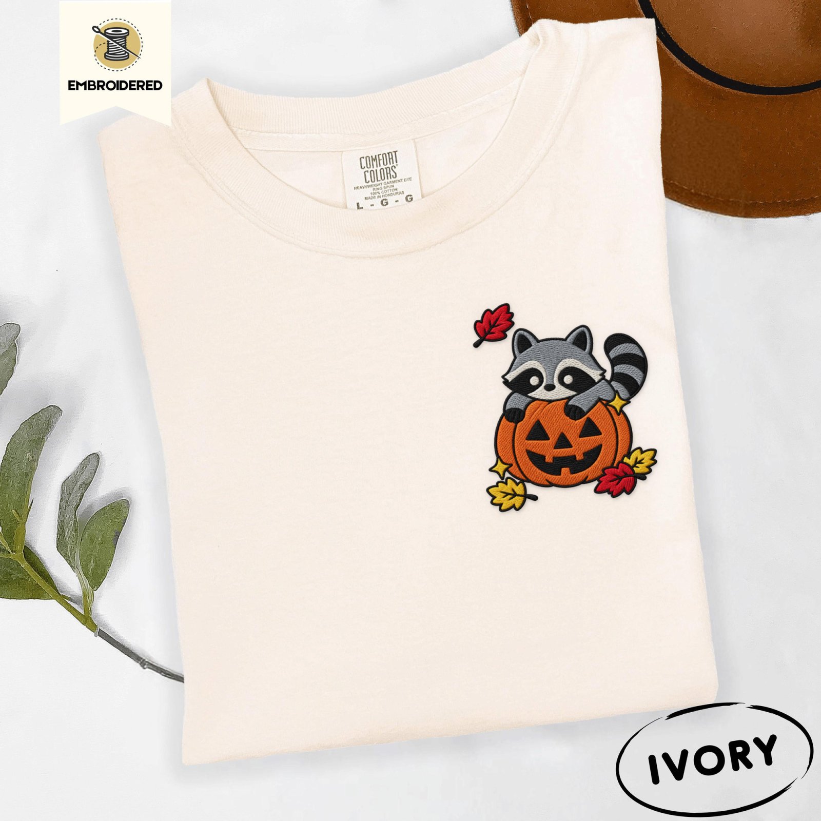 Ivory Raccoon Jack-O-Lantern Embroidered T-Shirt