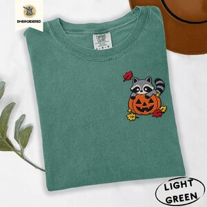Light Green Raccoon Jack-O-Lantern Embroidered T-Shirt