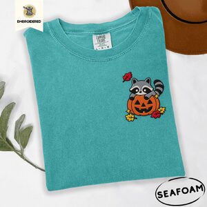 Seafoam Raccoon Jack-O-Lantern Embroidered T-Shirt