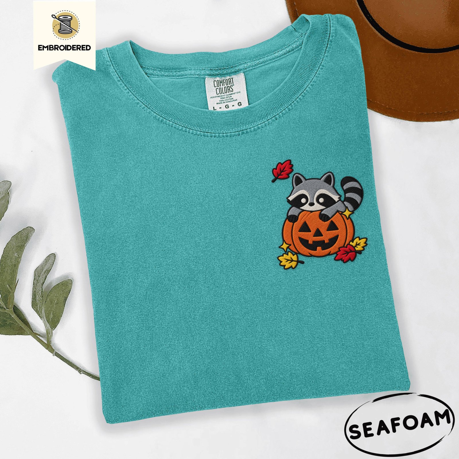 Seafoam Raccoon Jack-O-Lantern Embroidered T-Shirt