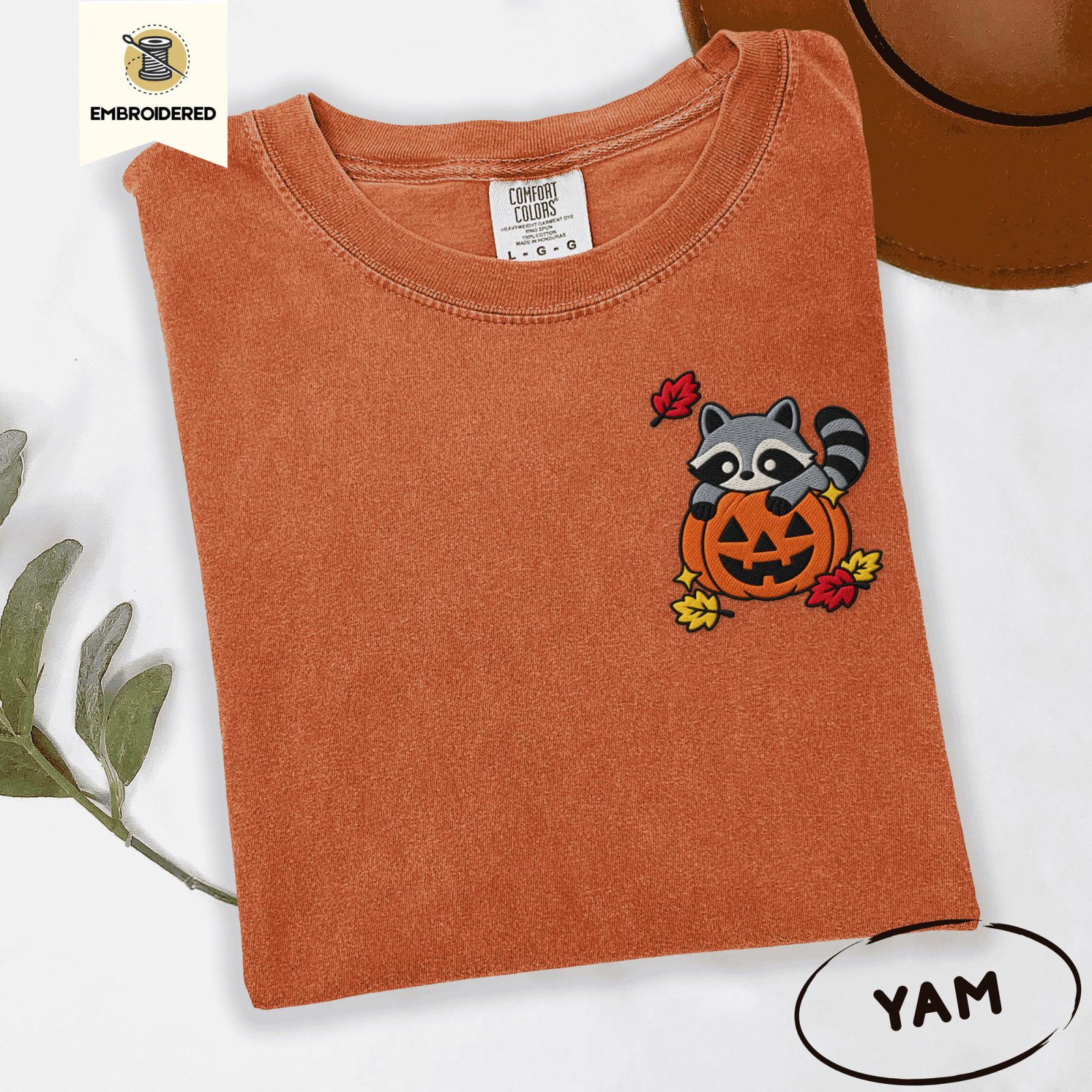 Yam Raccoon Jack-O-Lantern Embroidered T-Shirt