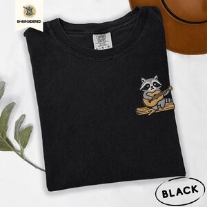 Black Raccoon Playing Guitar Embroidered T-Shirt