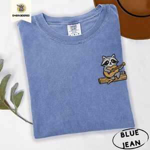 Blue Jean Raccoon Playing Guitar Embroidered T-Shirt