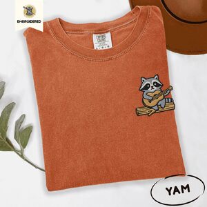 Yam Raccoon Playing Guitar Embroidered T-Shirt