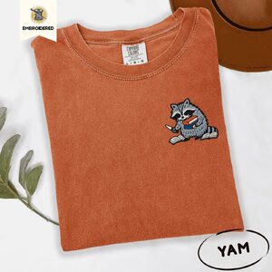 Yam Raccoon With Books Embroidered T-Shirt
