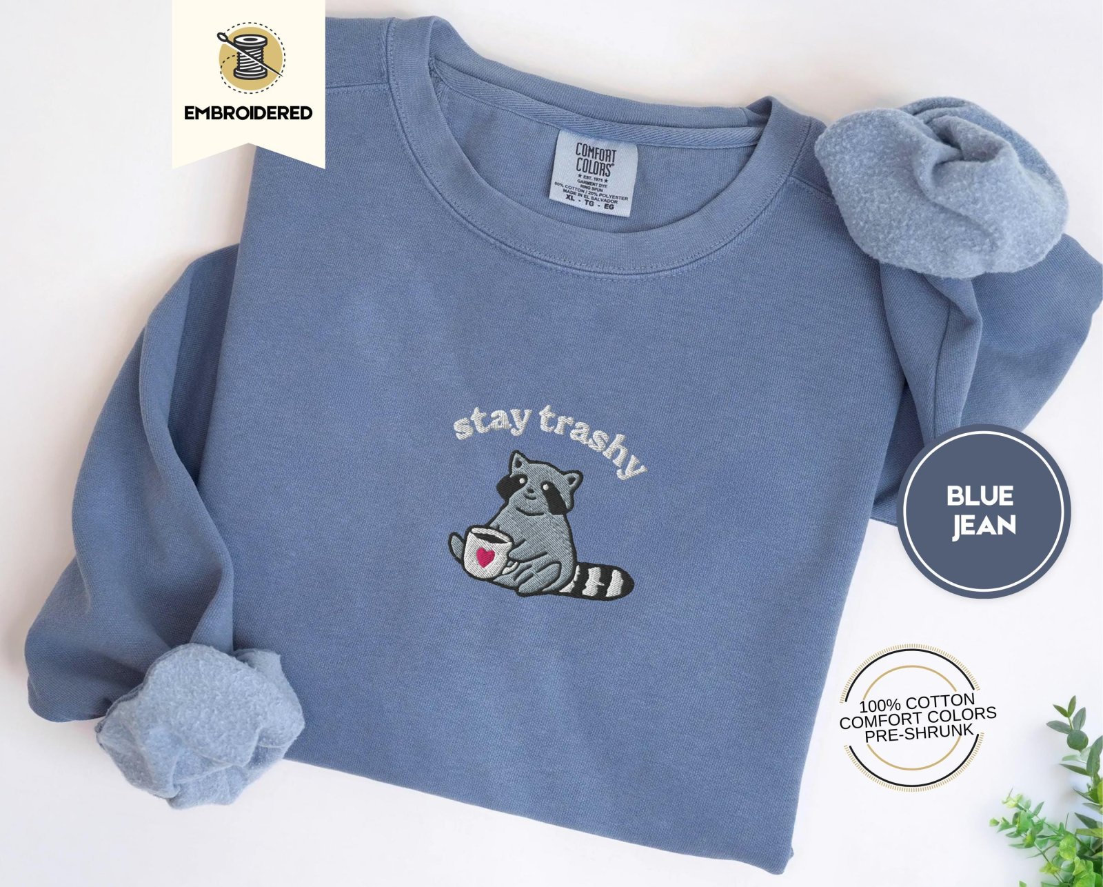 Blue Jean Raccoon With Heart Mug Embroidered T-Shirt