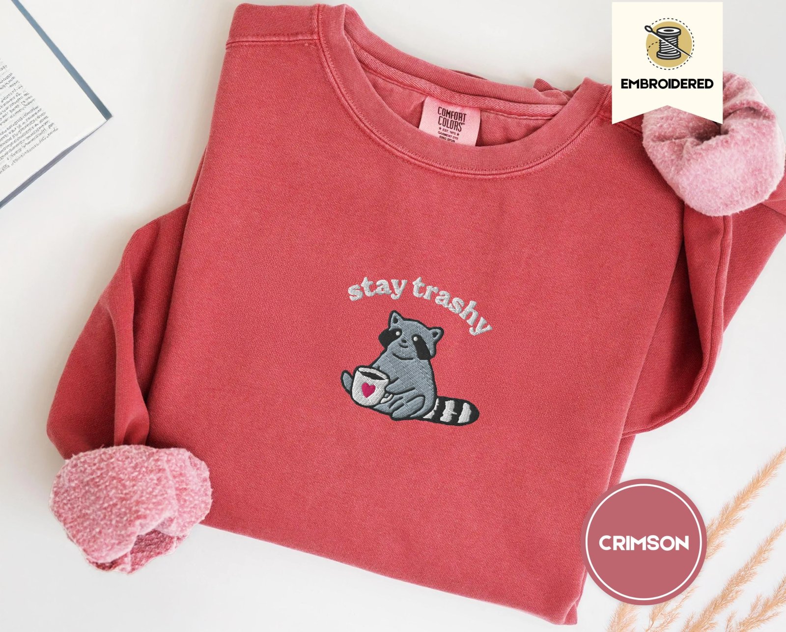 Crimson Raccoon With Heart Mug Embroidered T-Shirt