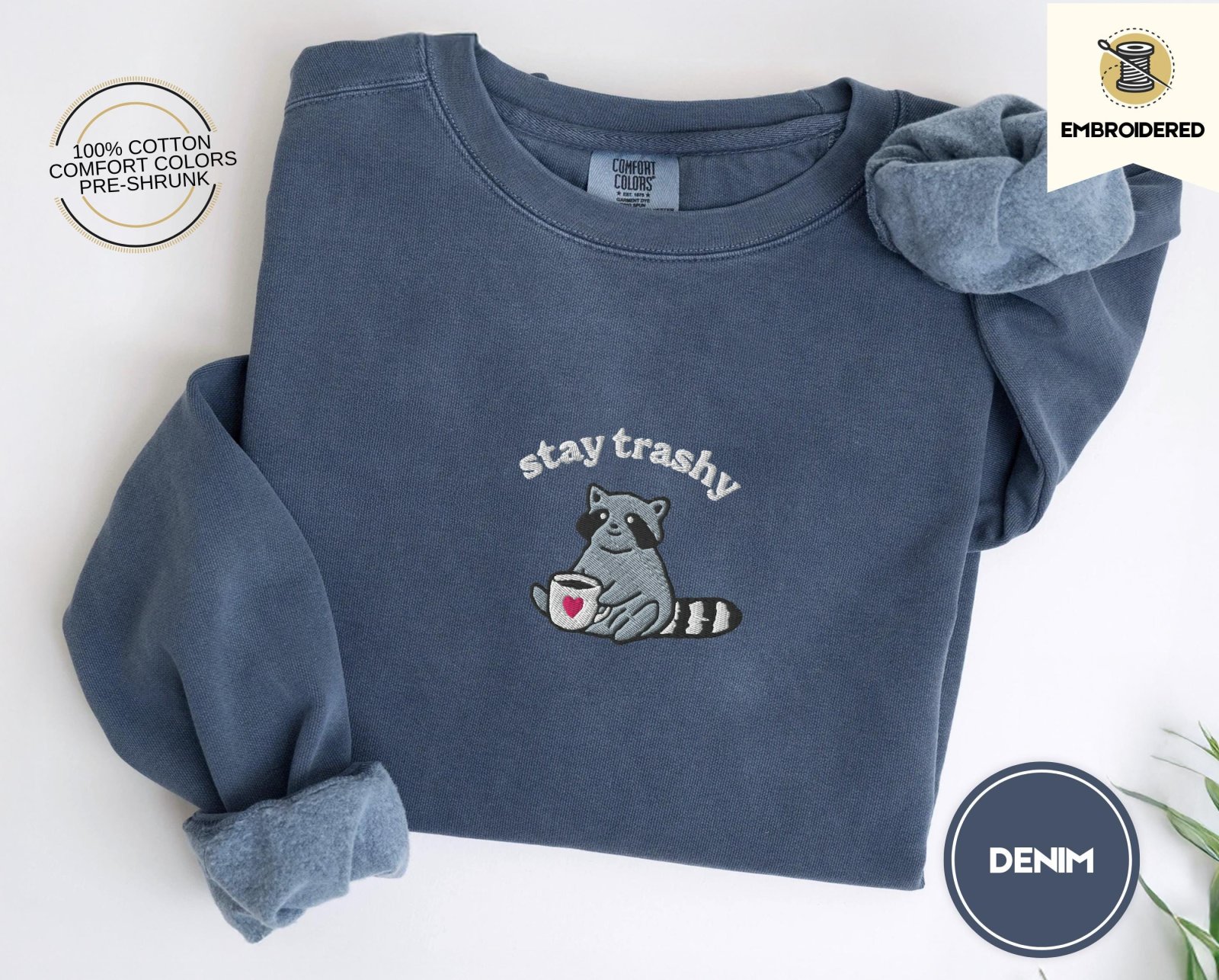 Denim Raccoon With Heart Mug Embroidered T-Shirt
