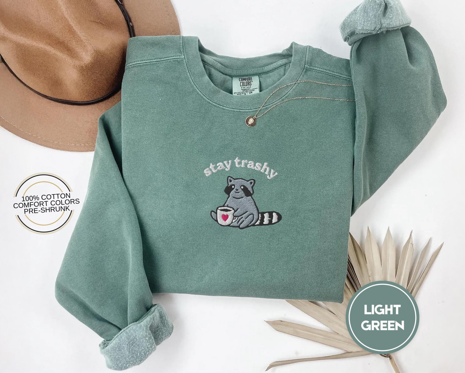 Light Green Raccoon With Heart Mug Embroidered T-Shirt
