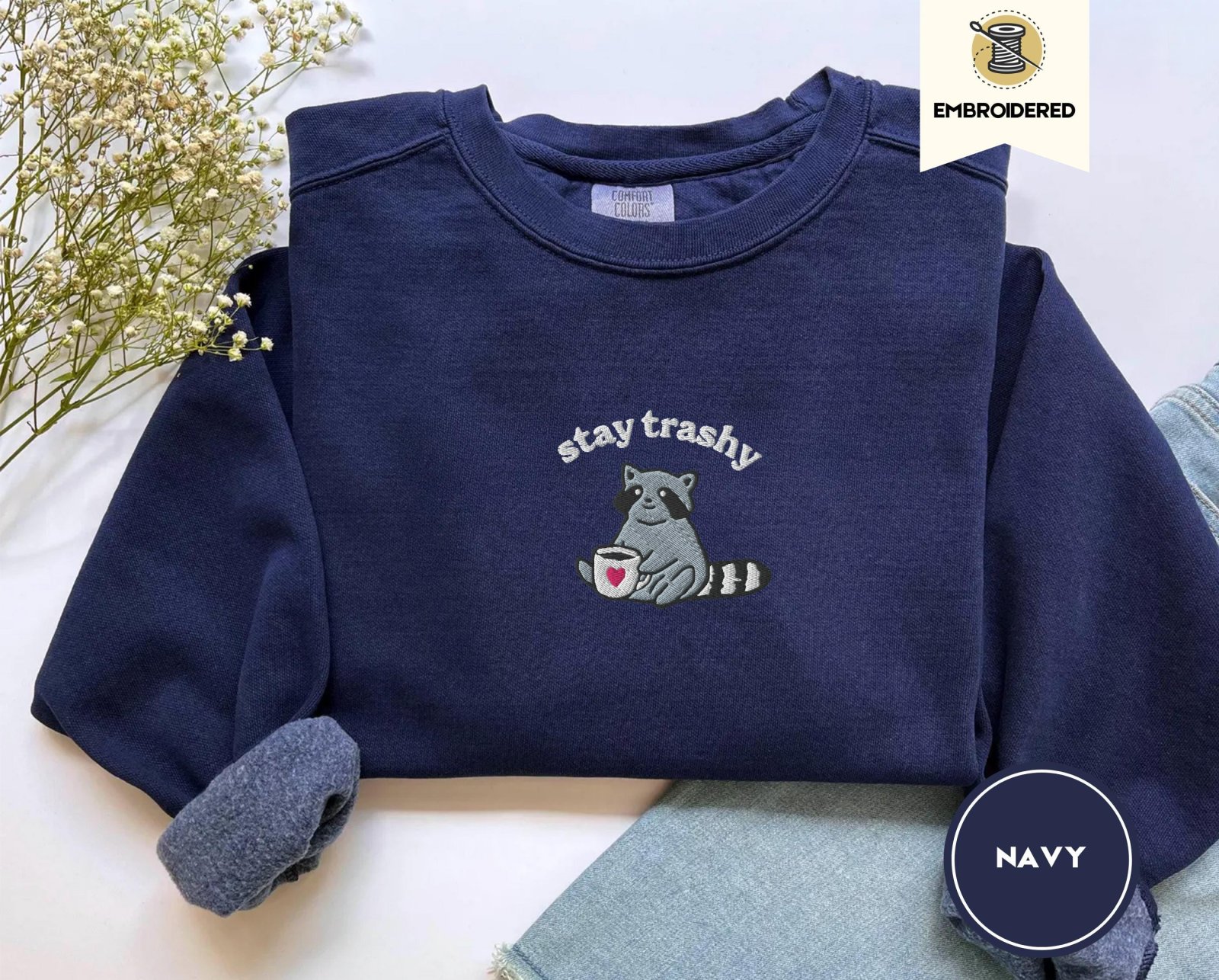 True Navy Raccoon With Heart Mug Embroidered T-Shirt