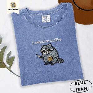 Blue Jean Raccoon With Knife and Mug Embroidered T-Shirt