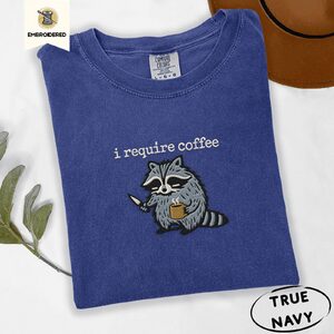 True Navy Raccoon With Knife and Mug Embroidered T-Shirt