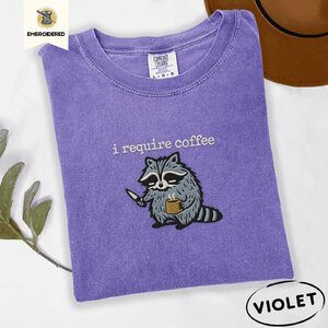 Violet Raccoon With Knife and Mug Embroidered T-Shirt