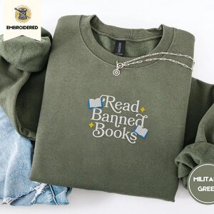 Military Green Read Banned Books Embroidered Sweatshirt