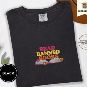 Black Read Banned Books Floral Embroidered T-Shirt