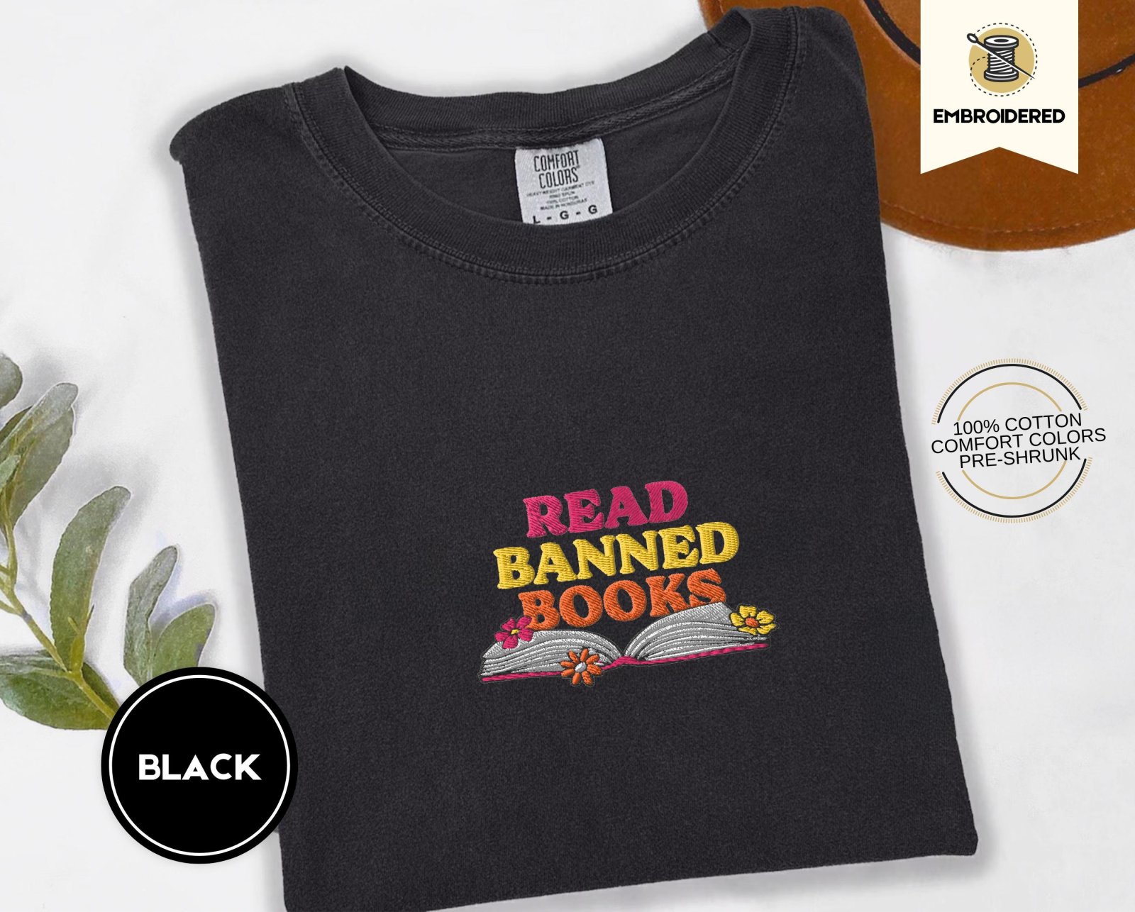 Black Read Banned Books Floral Embroidered T-Shirt