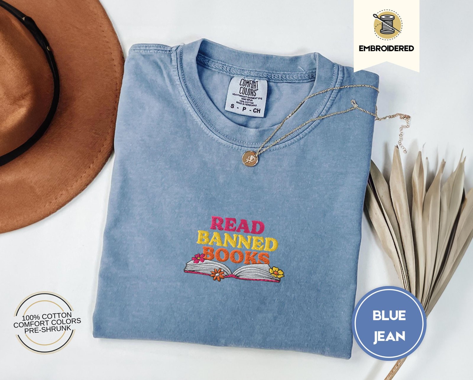 Blue Jean Read Banned Books Floral Embroidered T-Shirt