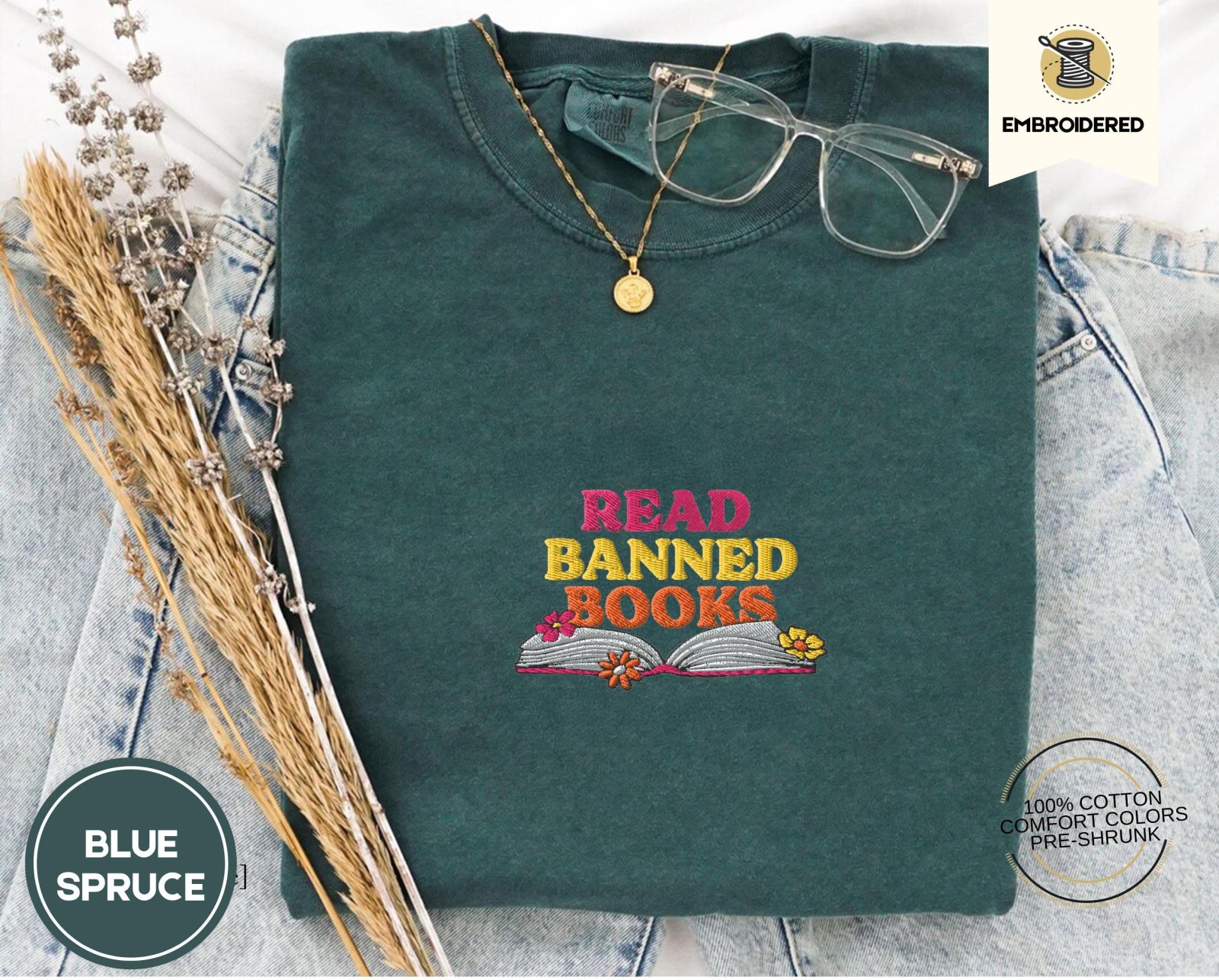 Blue Spruce Read Banned Books Floral Embroidered T-Shirt
