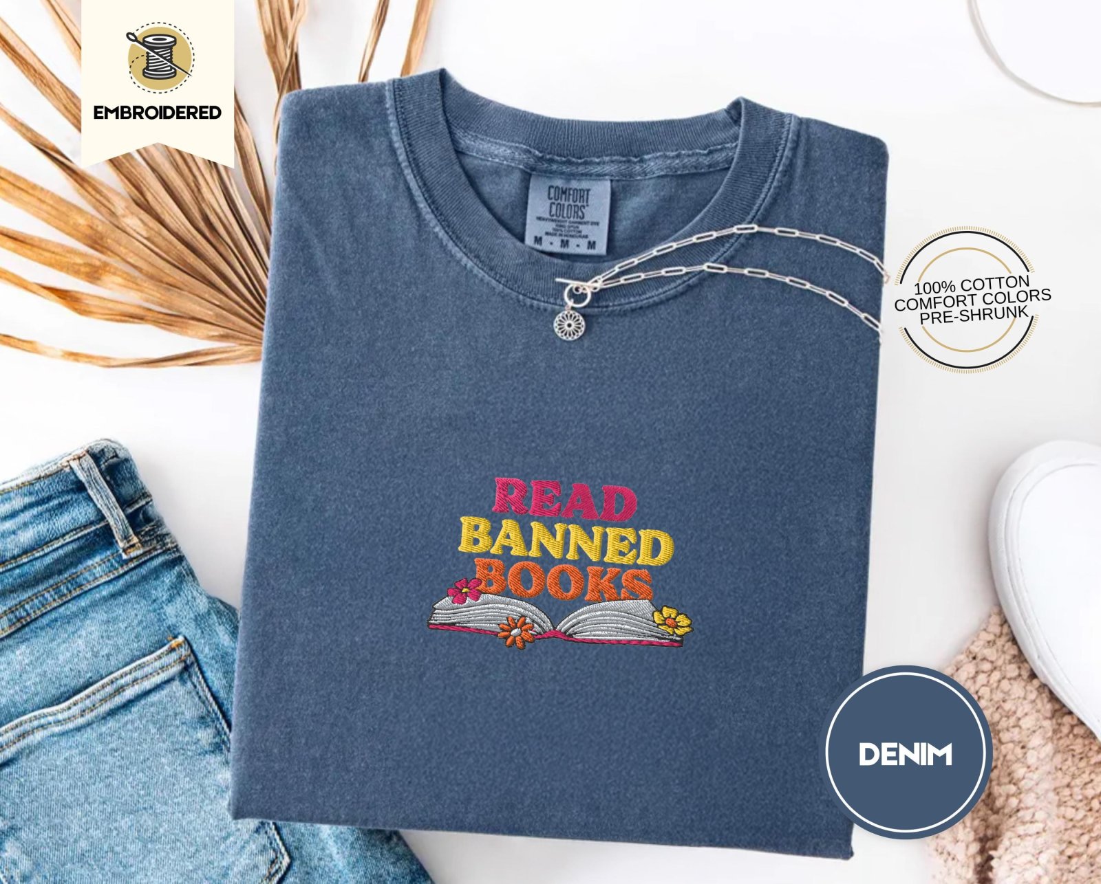 Denim Read Banned Books Floral Embroidered T-Shirt