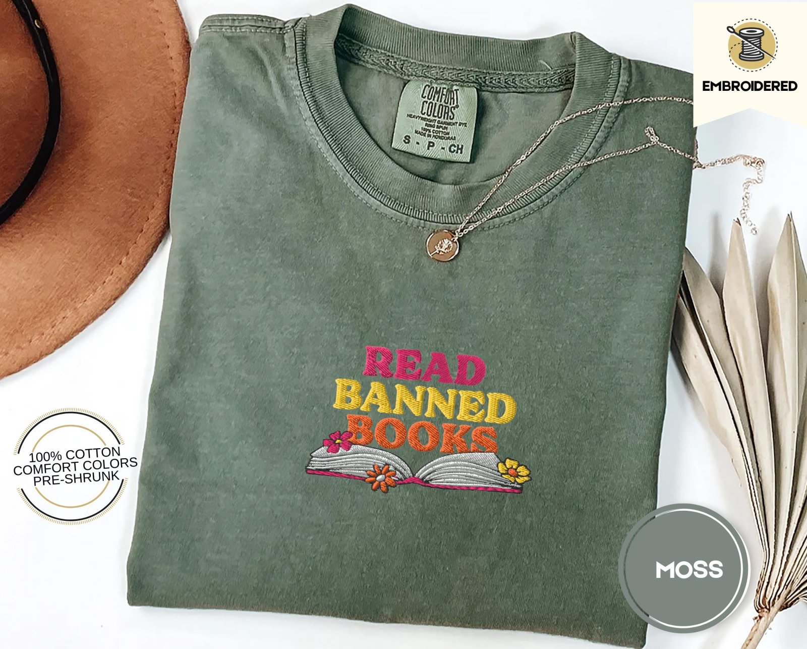 Moss Read Banned Books Floral Embroidered T-Shirt