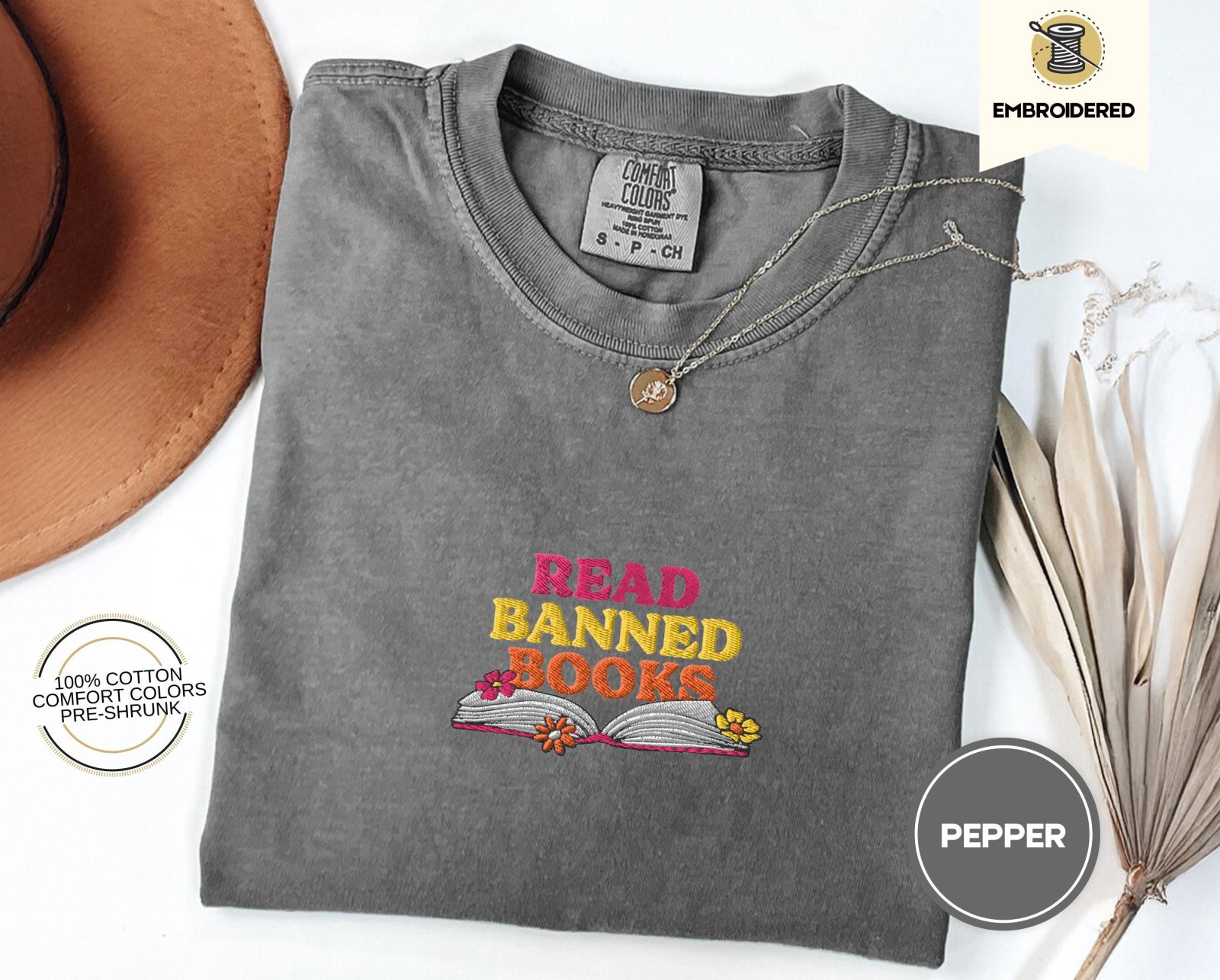 Pepper Read Banned Books Floral Embroidered T-Shirt