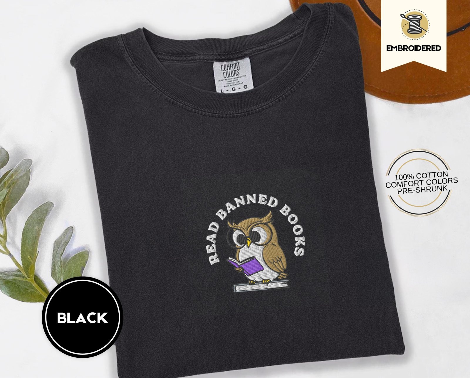 Black Read Banned Books Owl Embroidered T-Shirt