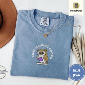 Blue Jean Read Banned Books Owl Embroidered T-Shirt