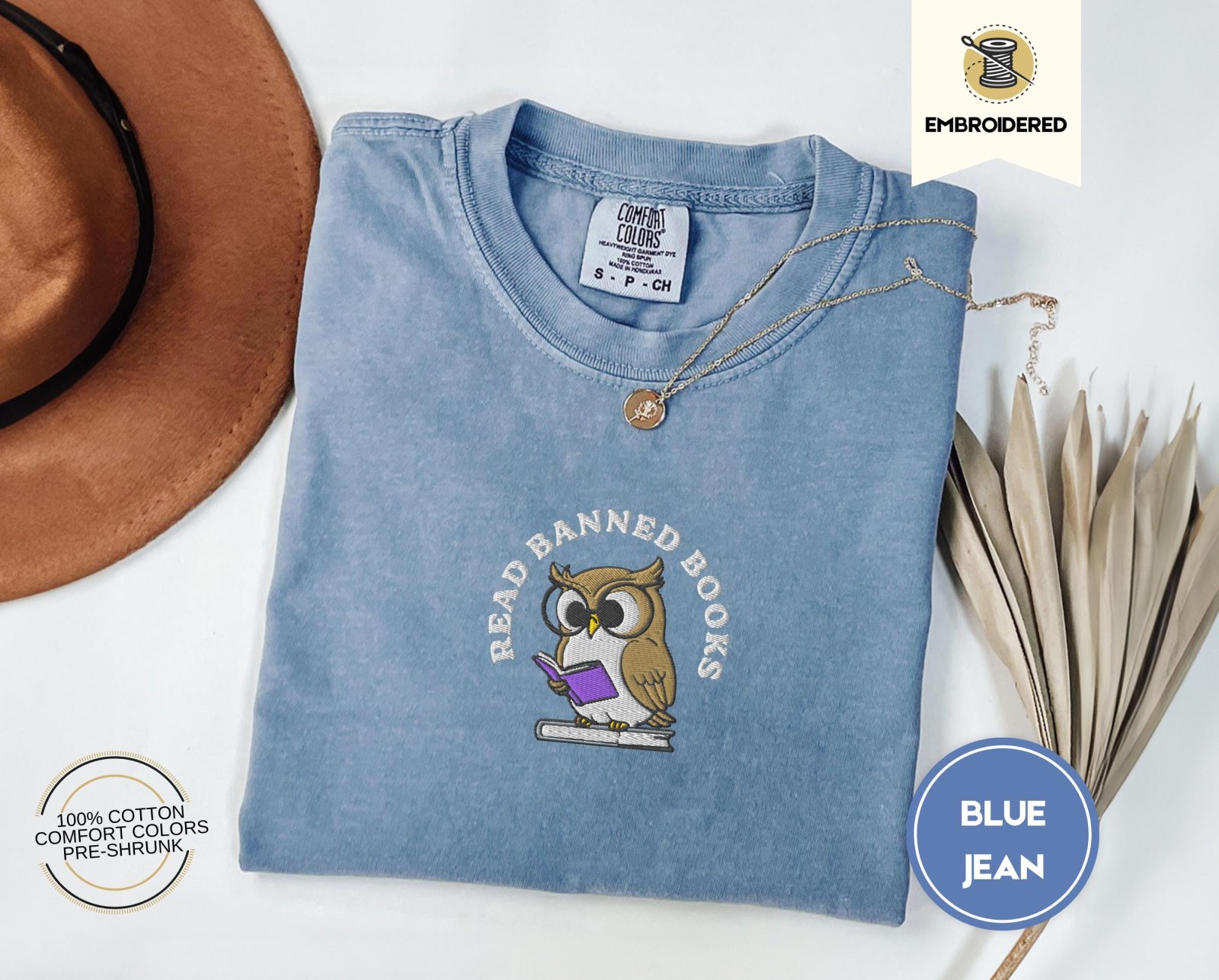 Blue Jean Read Banned Books Owl Embroidered T-Shirt