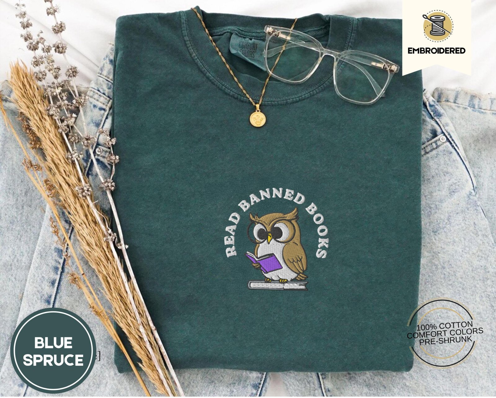 Blue Spruce Read Banned Books Owl Embroidered T-Shirt