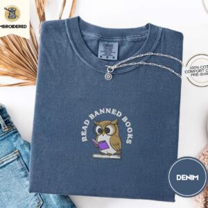 Denim Read Banned Books Owl Embroidered T-Shirt
