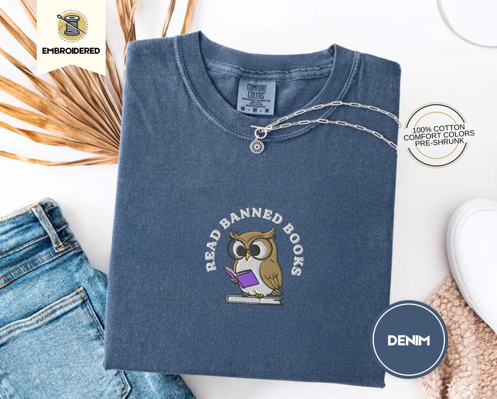 Denim Read Banned Books Owl Embroidered T-Shirt