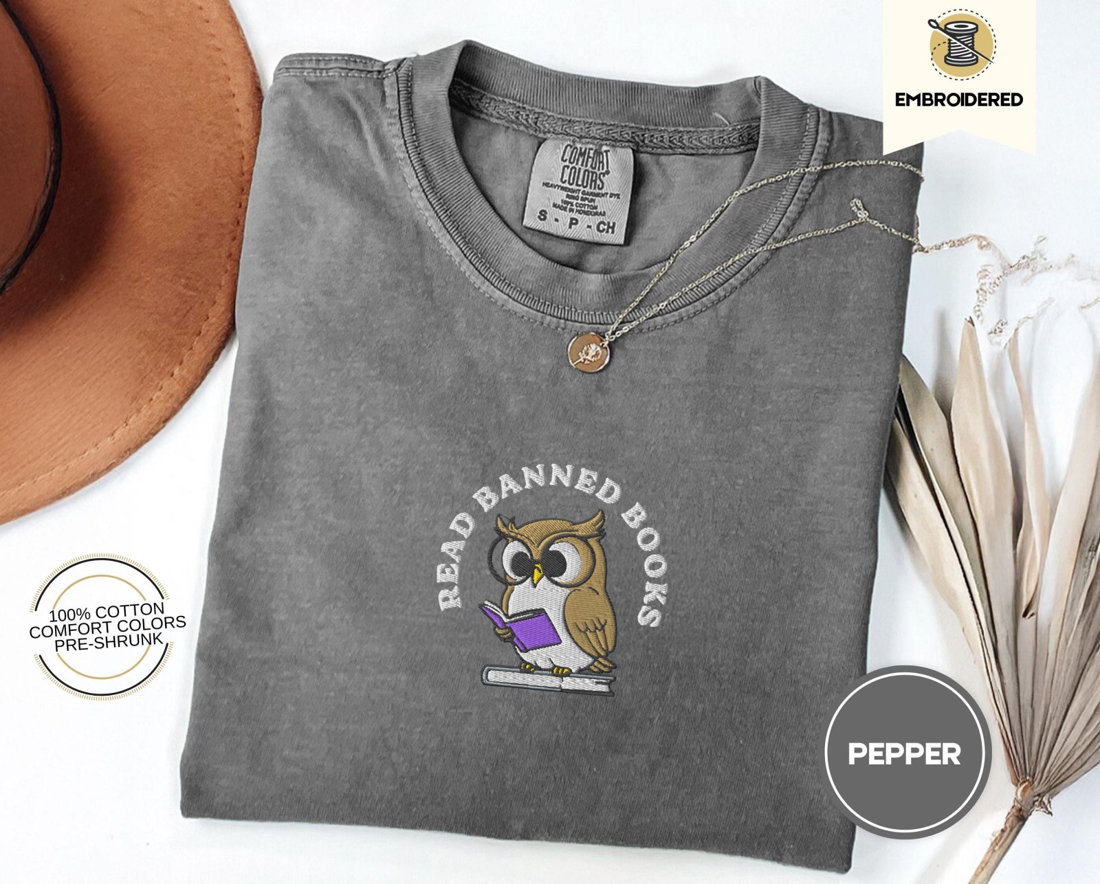 Pepper Read Banned Books Owl Embroidered T-Shirt