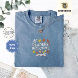 Blue Jean Readers Welcome Floral Book Embroidered T-Shirt