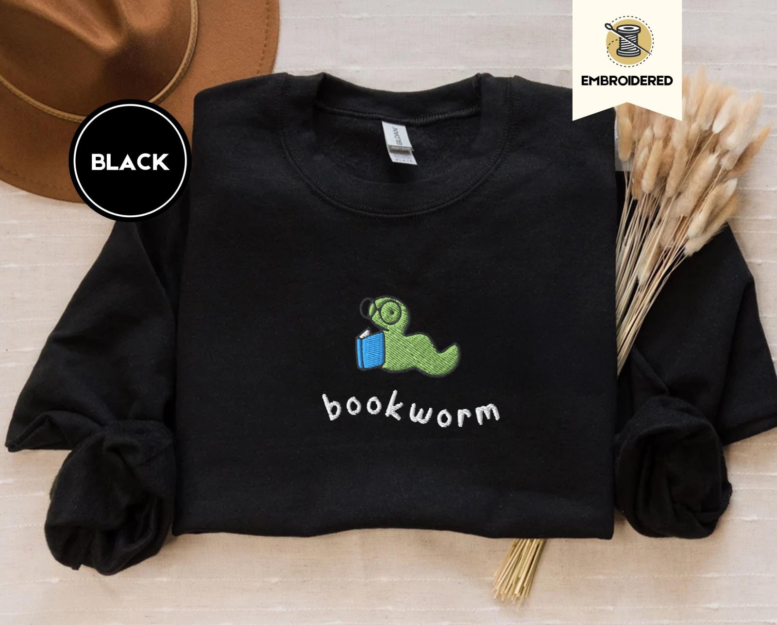 Black Reading Bookworm Embroidered Sweatshirt