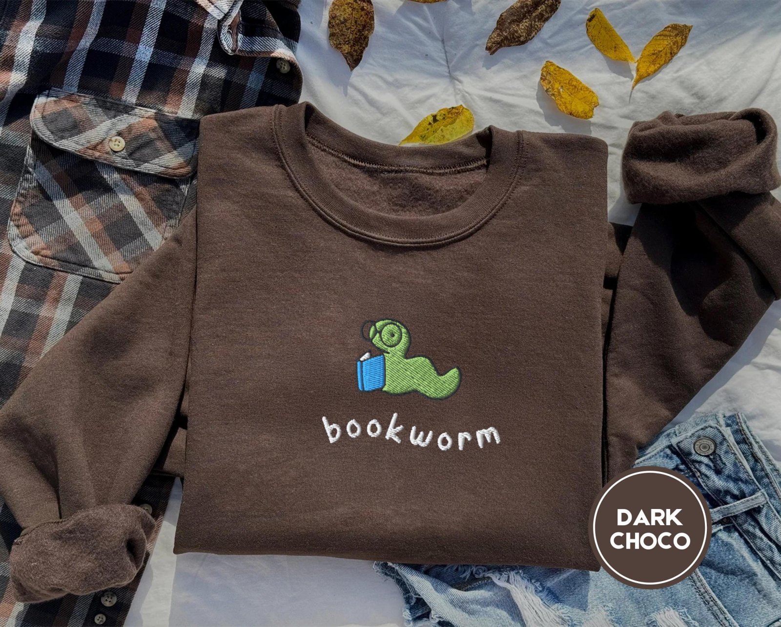 Dark Chocolate Reading Bookworm Embroidered Sweatshirt