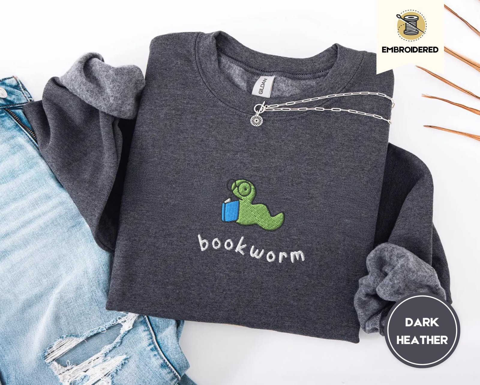 Dark Heather Reading Bookworm Embroidered Sweatshirt