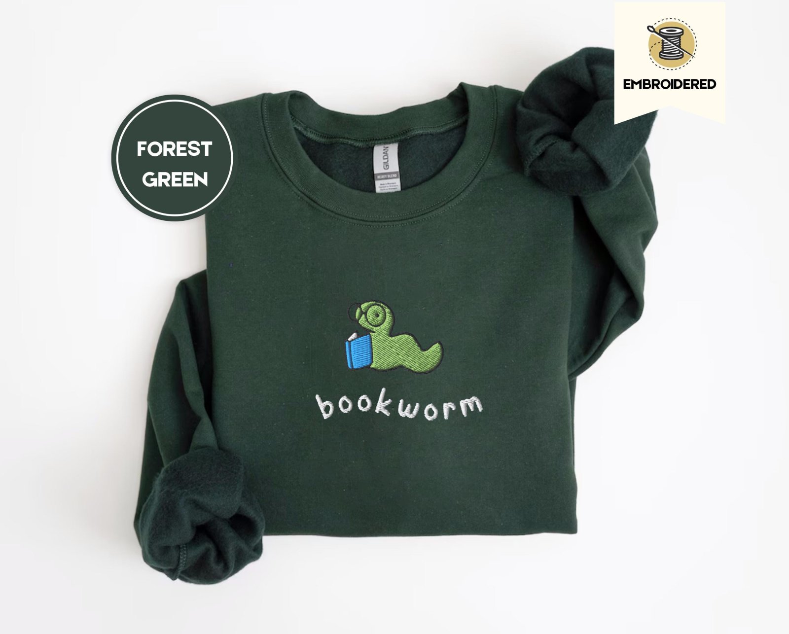 Forest Green Reading Bookworm Embroidered Sweatshirt