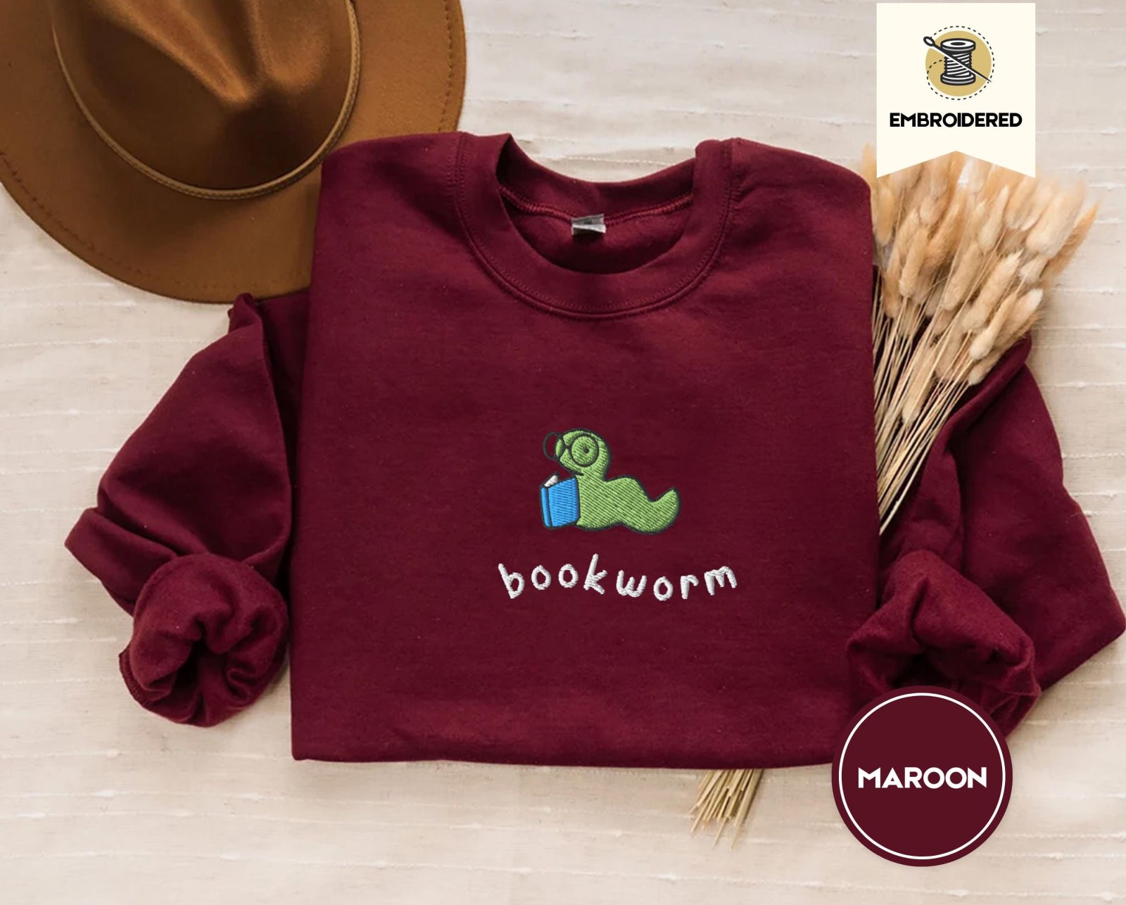 Maroon Reading Bookworm Embroidered Sweatshirt